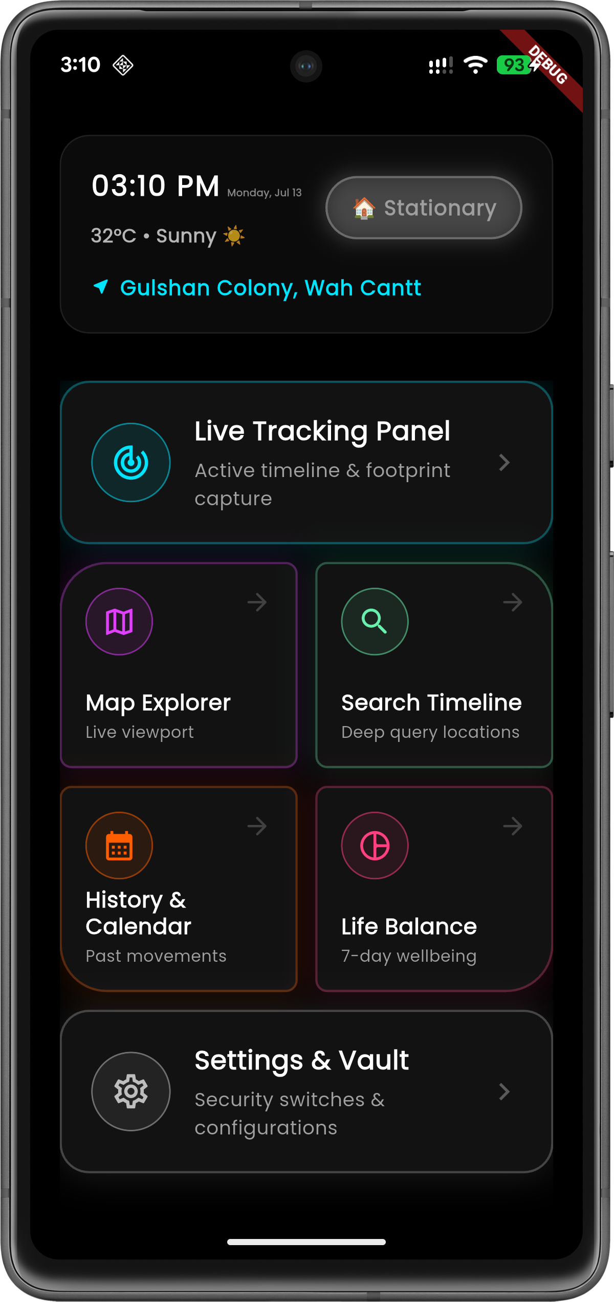 GeoPrints main hub screen showing daily activity navigation dashboard on Android