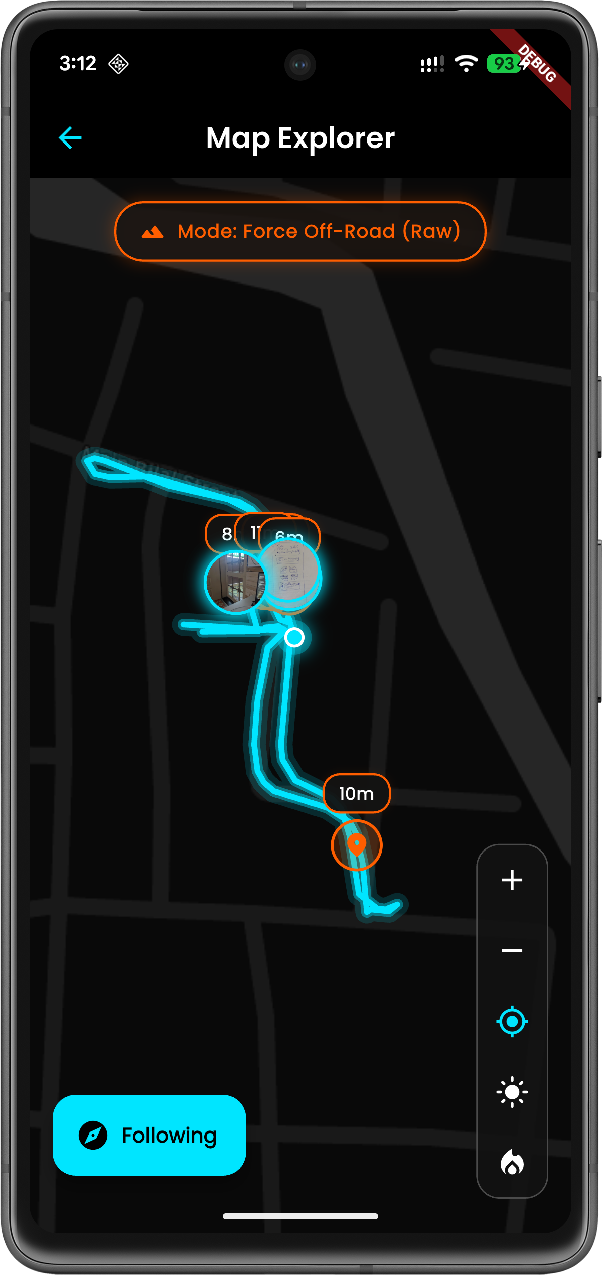 GeoPrints offline map explorer in dark mode showing GPS path and location history