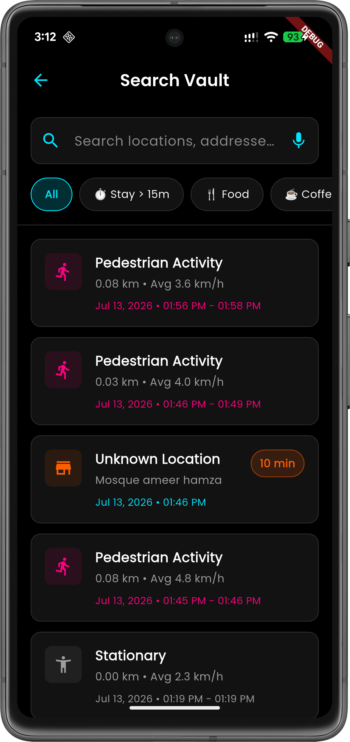 GeoPrints deep search engine for finding past location events and activities