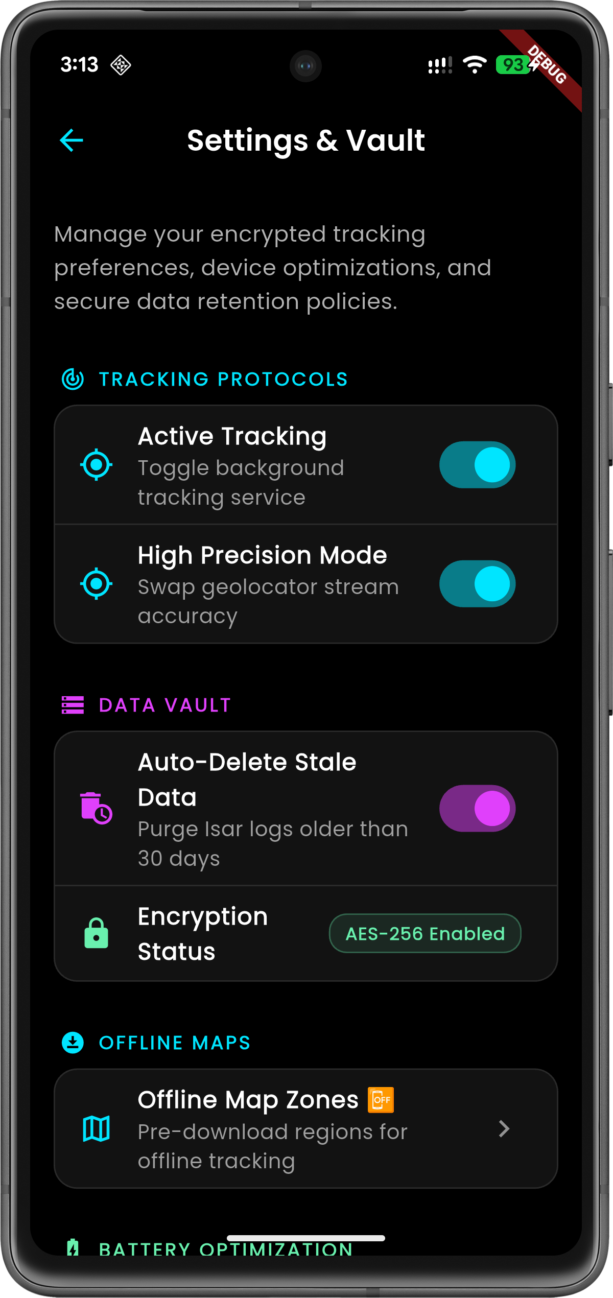 GeoPrints settings and vault screen showing security controls and data management