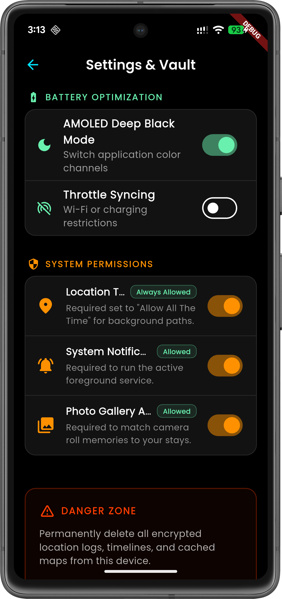 GeoPrints advanced settings screen with permission management and data purge controls