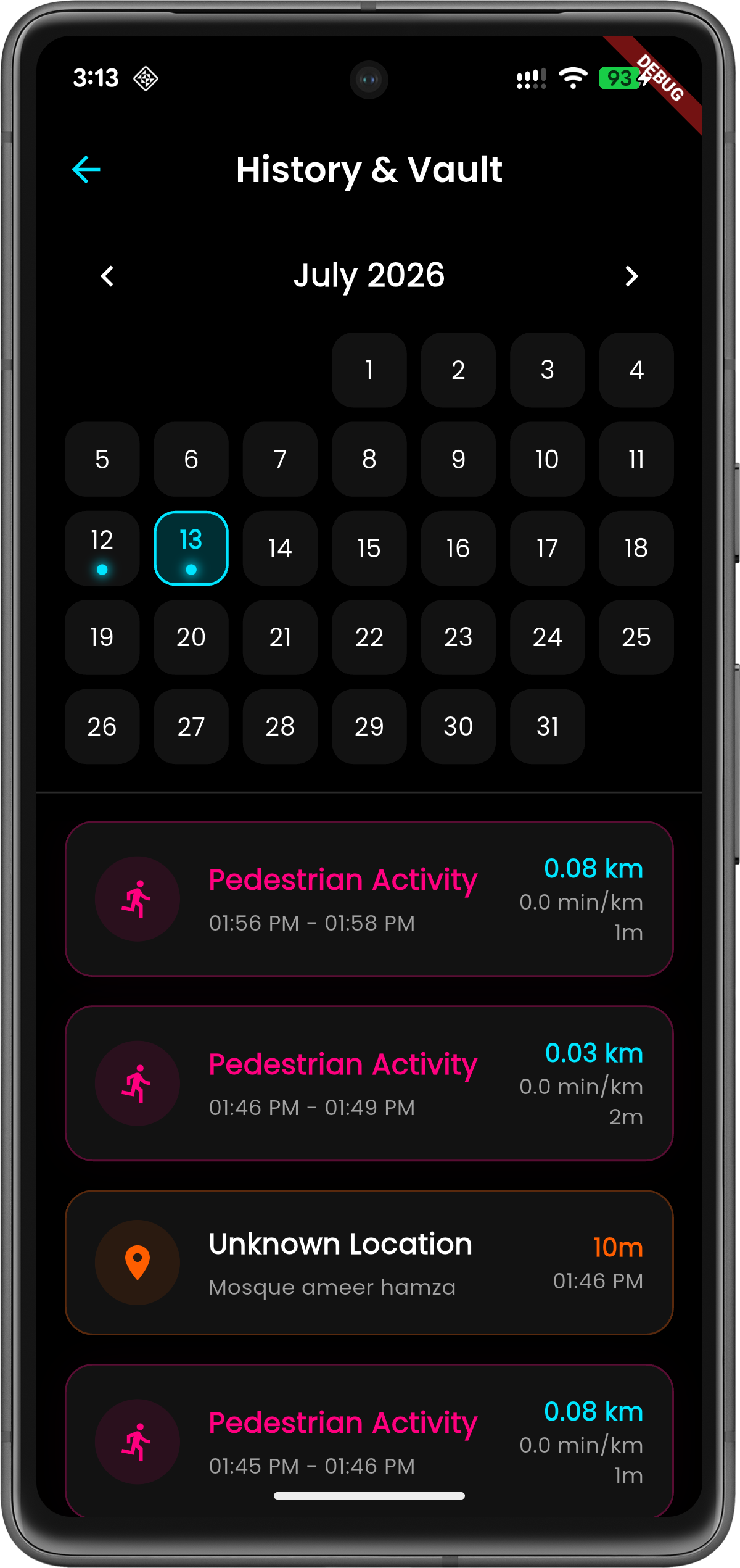 GeoPrints history and calendar browser showing past movement history by date