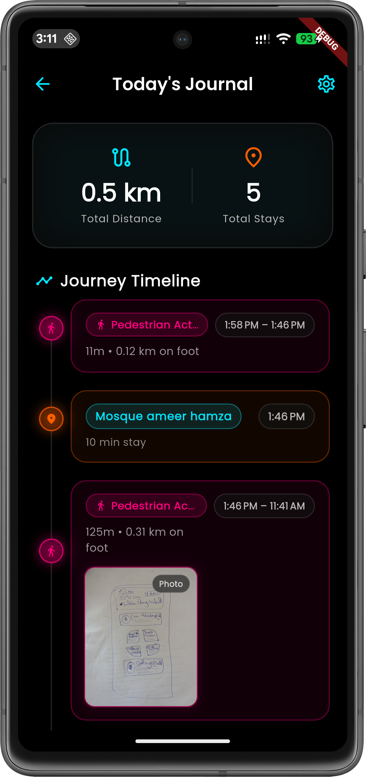 GeoPrints today journal showing chronological timeline of daily movements and stays